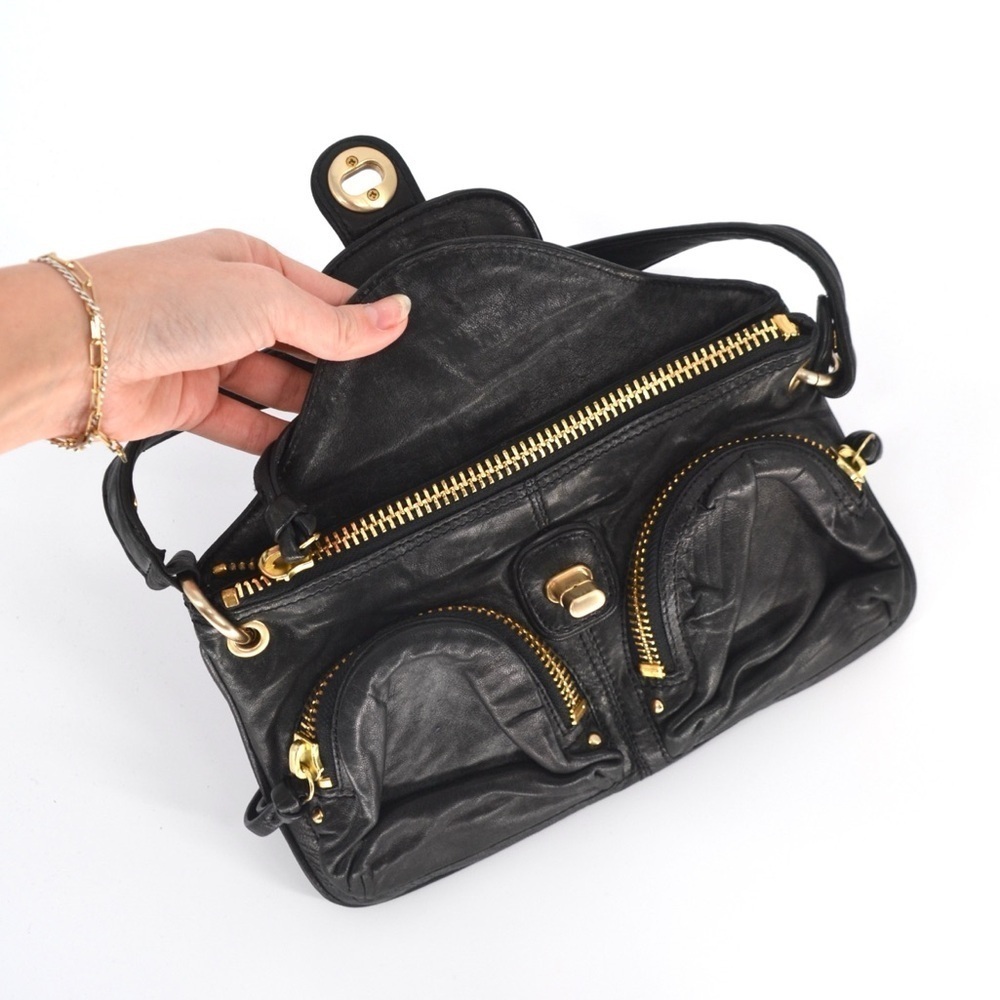 Botkier Bianca Satchel Shoulder Bag Lambskin Leather Black Gold Small - Picture 3 of 8